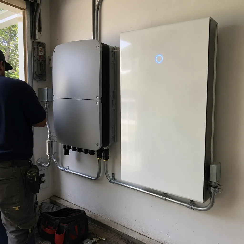 Technician installing professional solar battery storage and inverter system