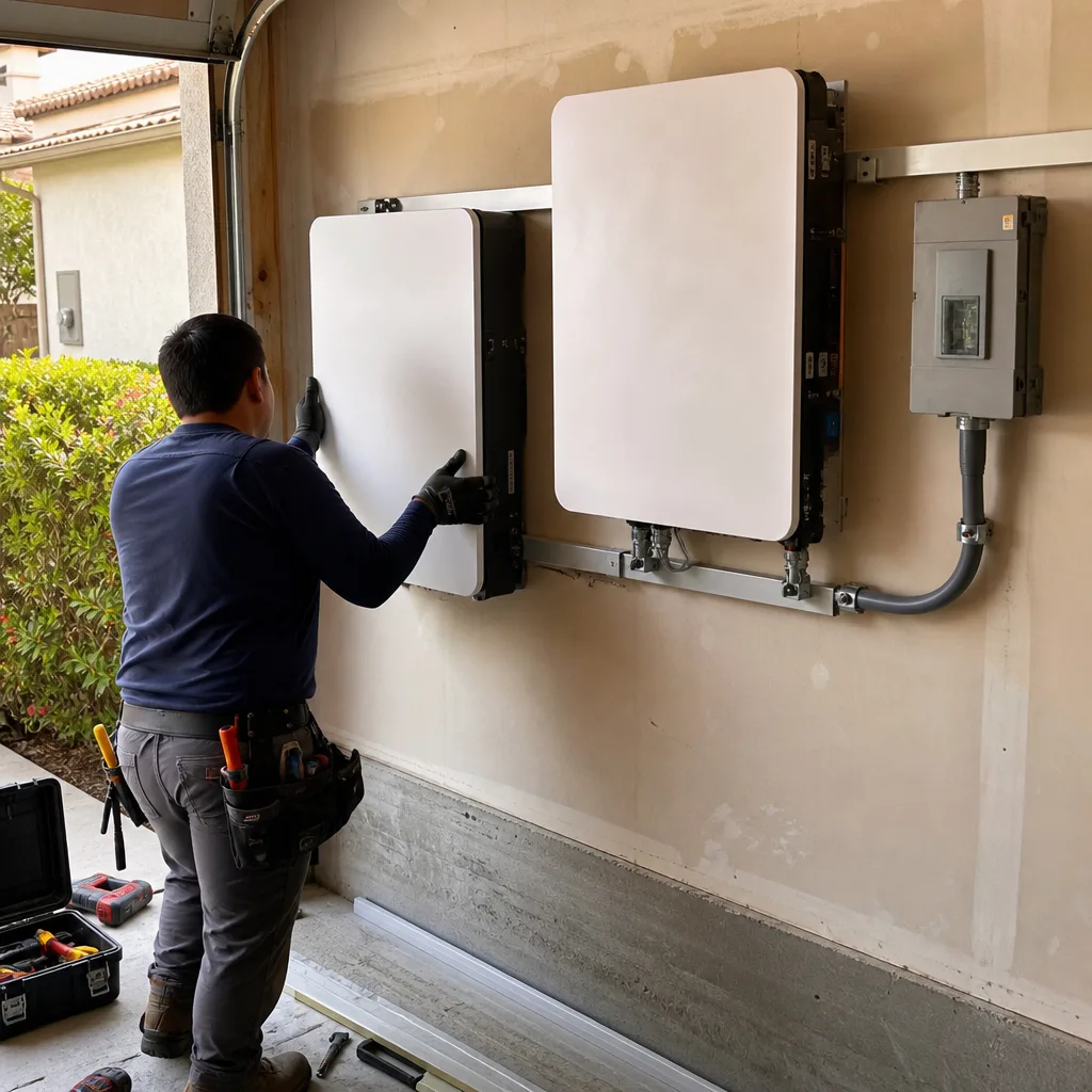 Technician installing solar battery storage system and backup power units