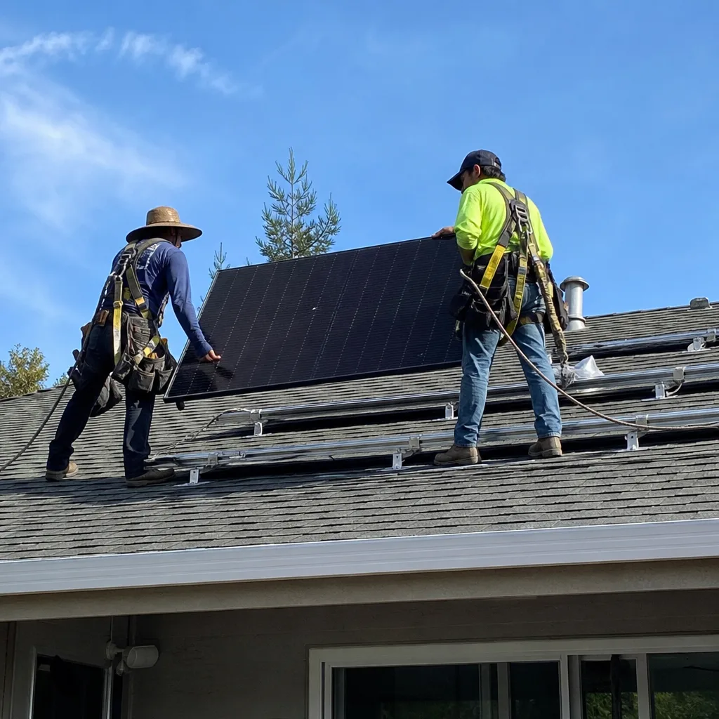 Two contractors performing professional solar panel installation on a residential roof